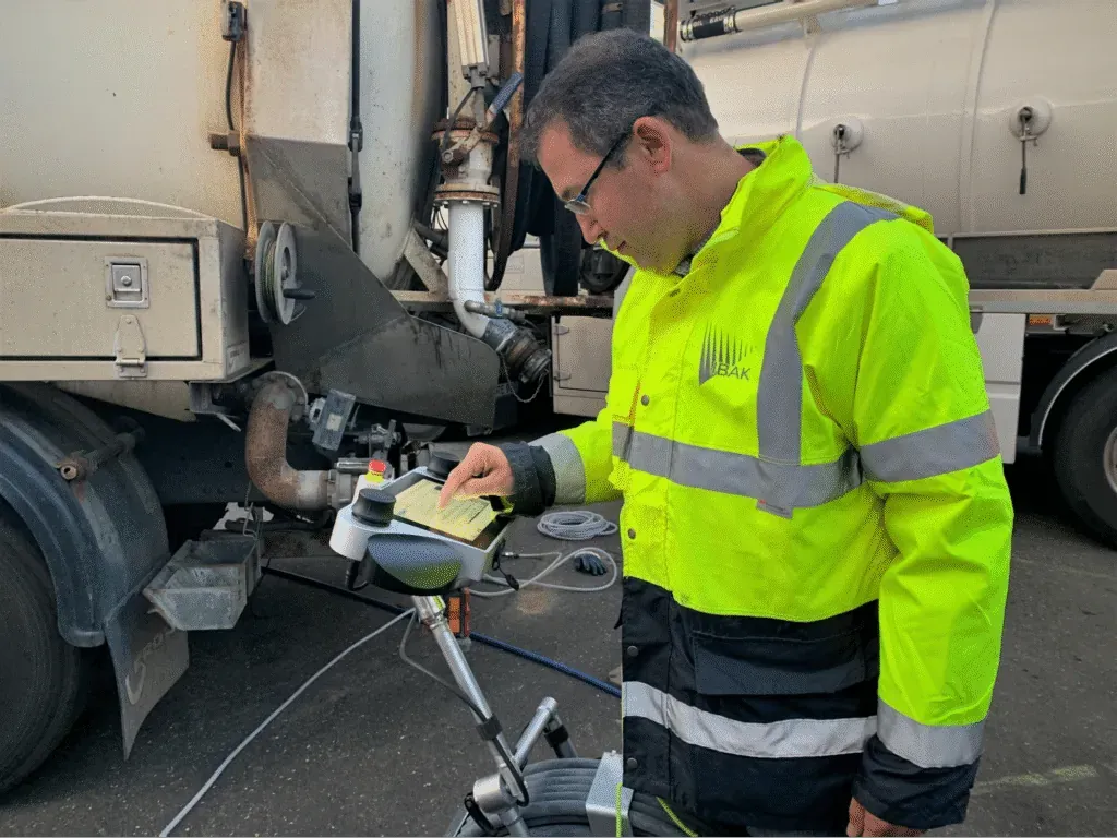 iBAK worker pipeline inspecting camera equipment on a truck in safety gear for maintenance and quality assurance.
