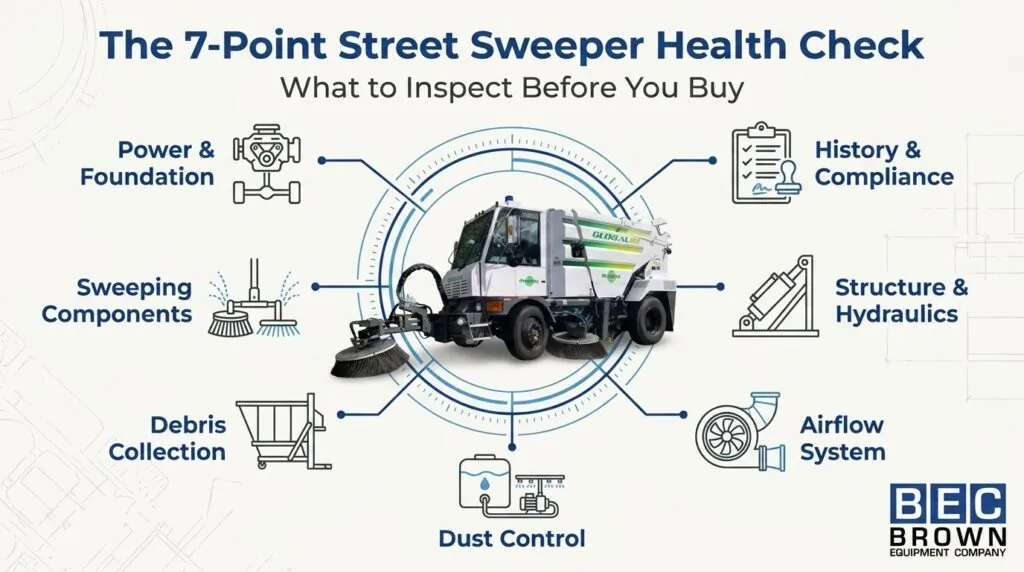 Essential guide for inspecting used street sweepers: check power, components, and cleanliness.