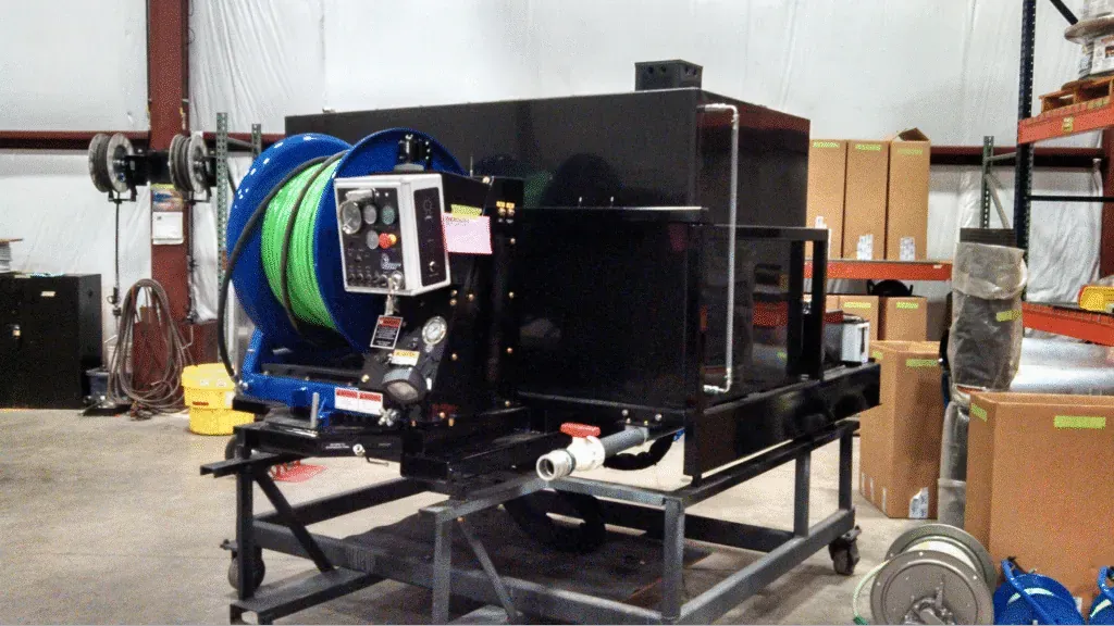 sewer jetter with hose reel showcased in a warehouse setting.