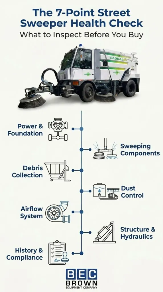 Essential inspection guide for used street sweepers, covering seven key maintenance areas.