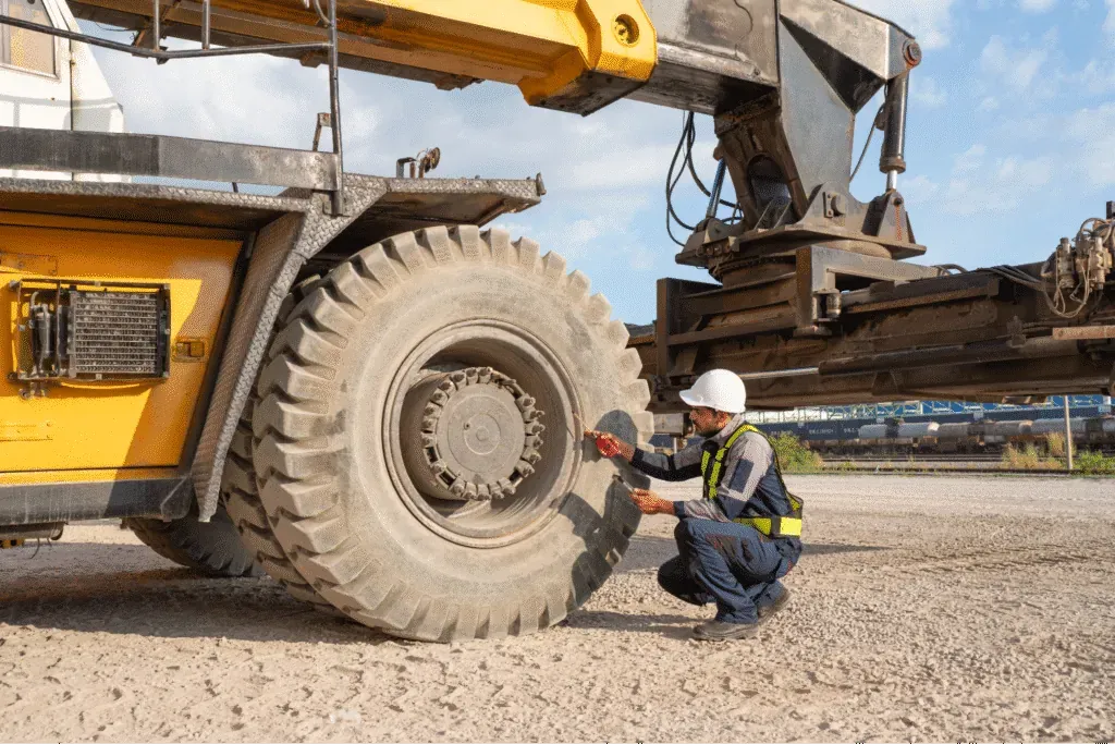 Worker inspecting heavy equipment tire for safety and maintenance on construction site.