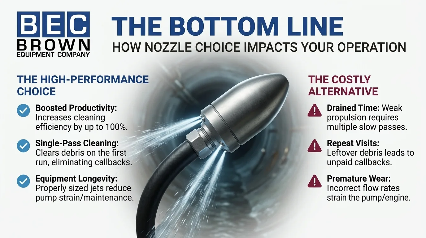 Comparison of the productivity, cleaning, and equipment-wear effects of a properly matched sewer jetter nozzle and a mismatched nozzle.