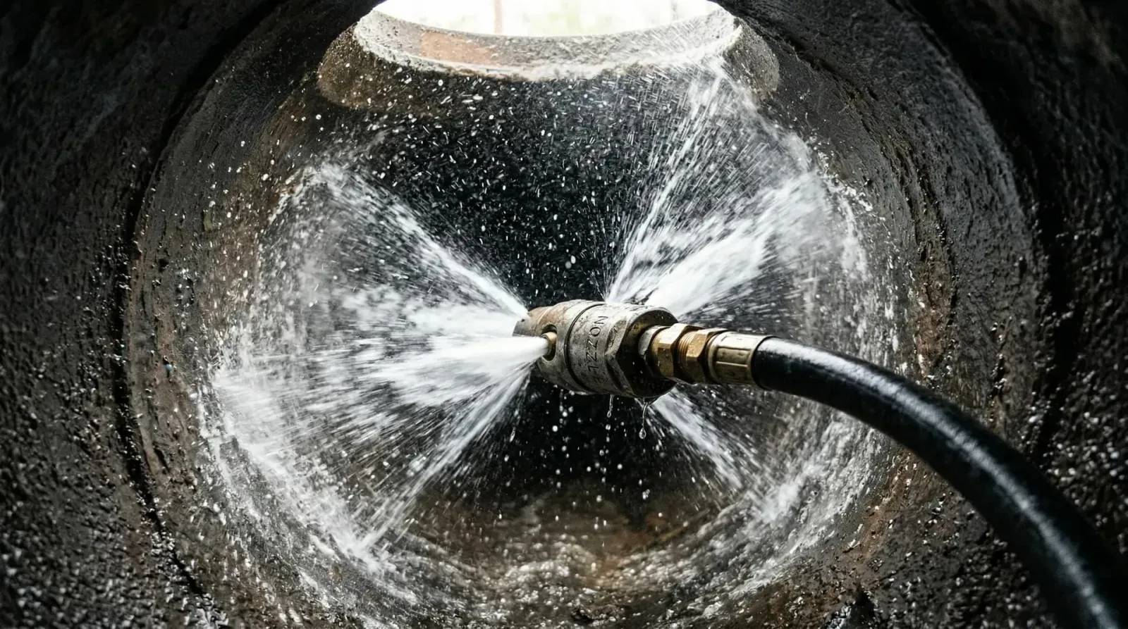Sewer jetter nozzle spraying high-pressure water against the inside of a pipe.