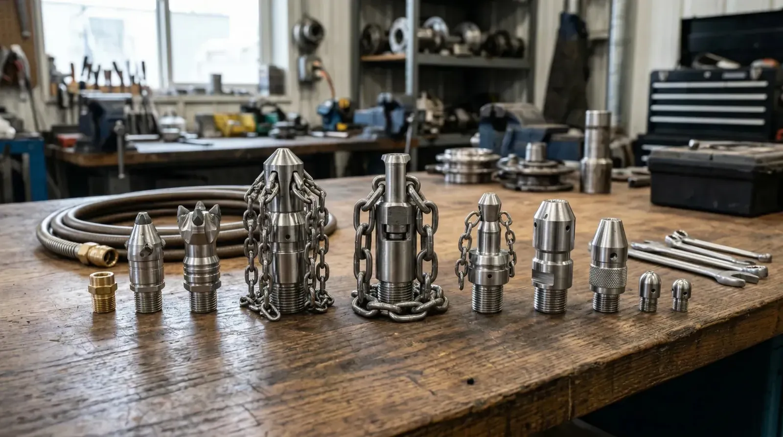 Several sewer jetter nozzle types and sizes arranged on a workshop bench.