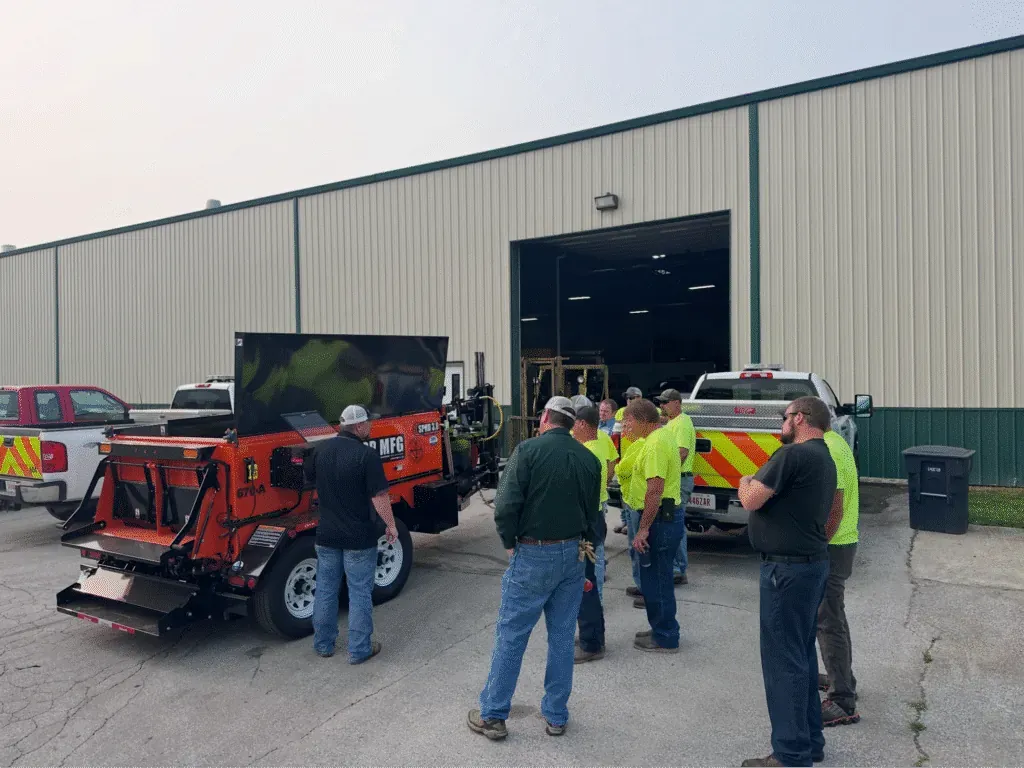Workers gather around asphalt machinery at an outdoor worksite, discussing equipment and safety.