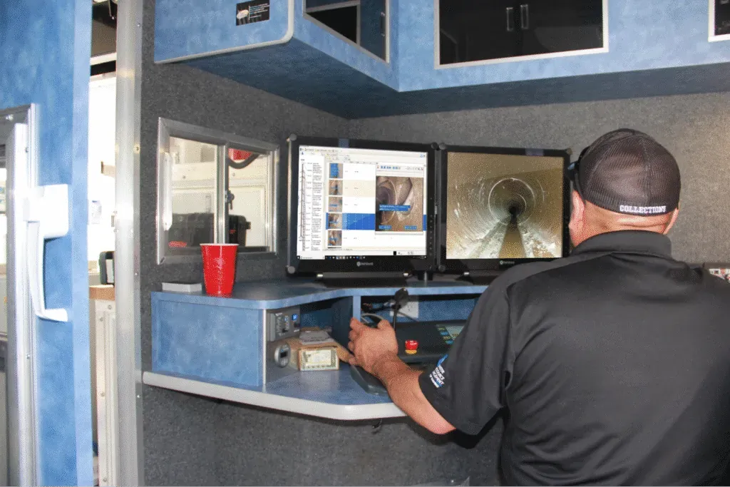 Technician operating pipeline inspection system in mobile station.