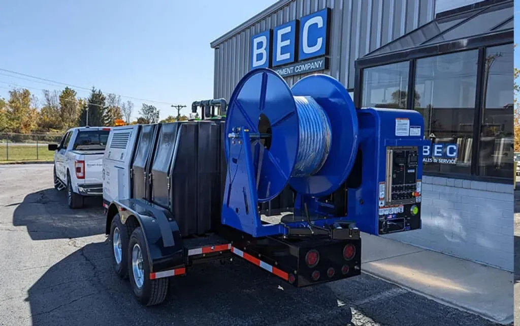 Sewer jetting trailer designed for efficient water management solutions.