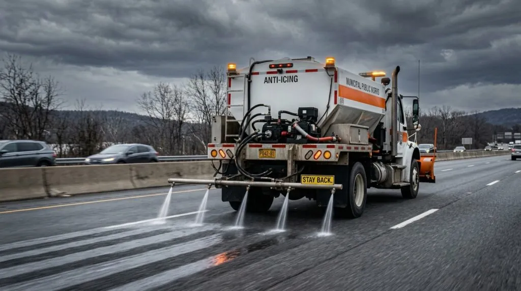 Road maintenance truck spraying salt brine for winter storm preparedness.