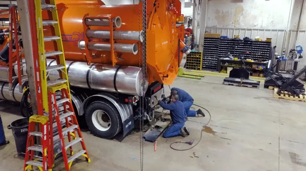 Brown Equipment Company Mechanic performing maintenance on an orange truck in an industrial workshop.