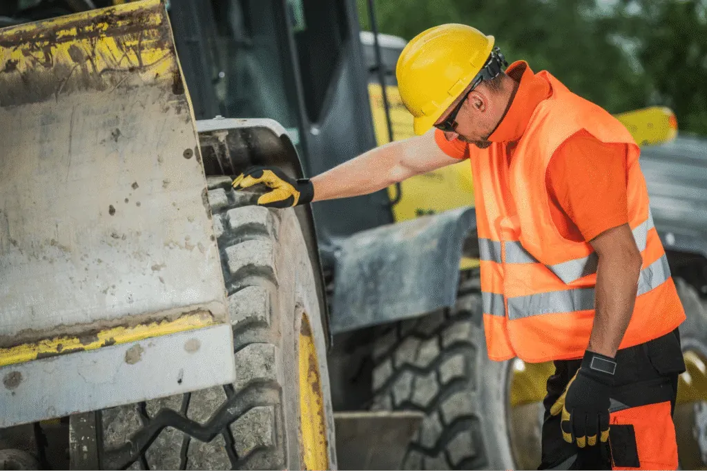 Construction worker examining heavy machinery tire for optimal safety and performance.
