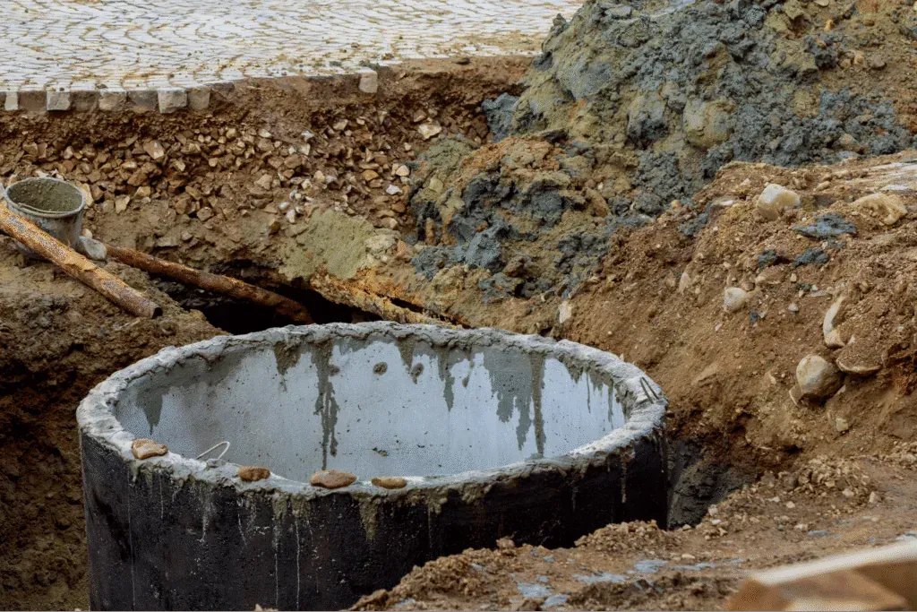 Rural site showing progress on sewer systems pipe installation in an excavated area.
