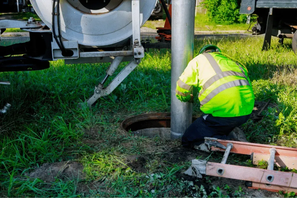 Worker inspecting and maintaining a utility pipeline in a grassy area.